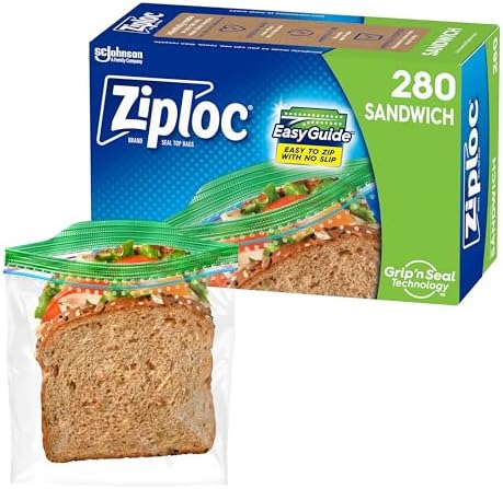 Ziploc Sandwich and Snack Bags with EasyGuide Texture, Plastic Storage Bags with Grip 'n Seal Technology, 280 Bags Total
