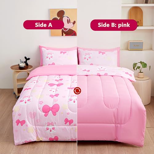 Image of Cartoon Bedding Set - Super Soft Microfiber Twin Size 5 Piece Pink Bow Kitten Comforter Set with Sheets, Pillowcase & Sham for Girls, Bed in a Bag (Pink Cute Bow Cat, 5 Piece Twin Size)