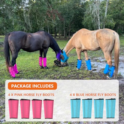 Image of Set of 8 Breathable Mesh Horse Boots Mesh Fly Boots for Horse Loose Fitting Horse Fly Boots for Non-Slip Reduce-Stomping Preventing Flies and Mosquitoes Bites (Pink and Blue)