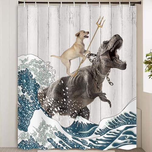 Image of Boziqr Funny Dog Shower Curtain, Japanese Ocean Wave Dinosaur Rustic Barn Door Decor Fabric Bathroom Curtains Set, Cute Animal Kids Polyester Fabric Waterproof, 60 X 70 Inches