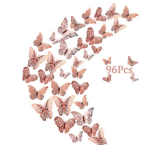 96er Deko Schmetterlinge Wanddeko Aufkleber Wandsticker Abziehbilder, Creatiees 3D Schmetterling Fliegen Dekorationen für Hauptdekorationen Raumdekoration Kinder Baby Kindergarten Deko(Roségold)