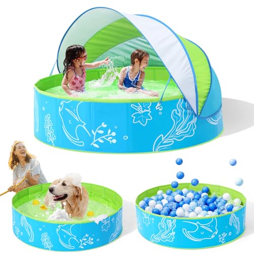 Hikiddy Foldable Kiddie Pool with Canopy: 47in Baby Pool and Beach Tent for Toddlers Infants 6-12 Months and Kids 2-4 Years Old - Portable Water Play with Shade for Outdoor Backyard Beach (Blue-Green)