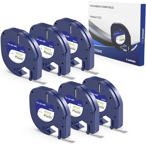 Oyemat 6 Cinta de Etiquetas Compatible para Dymo Letratag 91201/91221 12mm x 4m - Negro sobre Blanco Plástico para LT-100H, LT-100T, XR, 200B, QX50 - Compatible Cinta Dymo Recambio - Plastic white