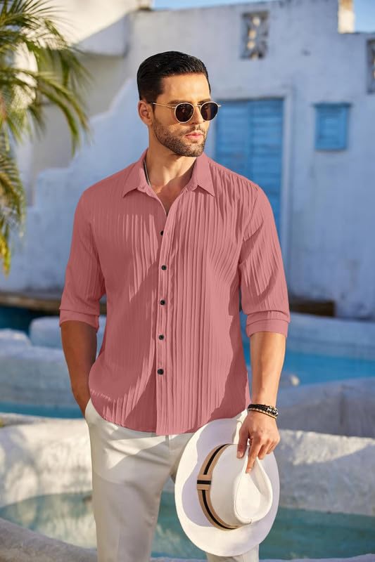 Image of FINIVO FASHION Men's Casual Cotton Plain Button Down Shirt Long Sleeve Textured Summer Beach Shirt for Men