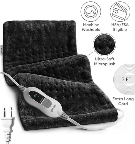Image of GENIANI Electric Heating Pad for Back Pain & Cramps Relief, Electric Throw, Self Care Gifts for Women, Heating Pad for Neck & Shoulder, Machine Washable Microplush, Auto Shut Off (12x24 inch, Black)