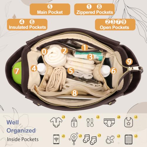 Image of miss fong Diaper Bag Tote Diaper Bags Convertible Mommy Bag Hospital Bag | 12 Pockets Panaleras Para Bebe with Changing Pad Large Capacity Diaper Tote Stroller Straps & Insulated Pockets for Mom & Dad