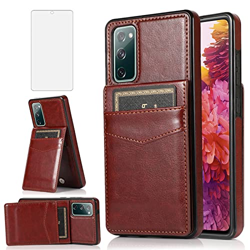 Phone Case for Samsung Galaxy S20 FE Gaxaly S 20 FE 5G UW 6.5 inch with Tempered Glass Screen Protector Credit Card Holder Wallet Cover Stand Leather Cell Glaxay S20FE 20S Fan Edition G5 Cases Brown