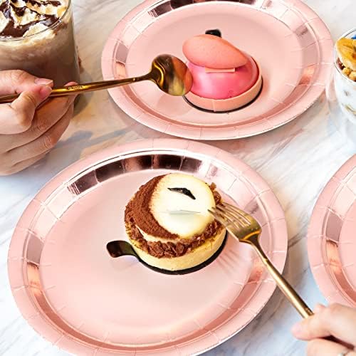 96Pcs Rose Gold Party Tableware, 24 Guests Foil Paper Plates Cups Napkins Straws, Party Supplies Disposable Party Rose Gold Party Supplies Dinnerware Set for Birthday Wedding Anniversary Baby Shower