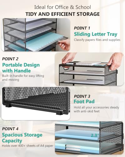 Image of WALI Desk File Organizer, 8 Tier Desktop Paper Letter Tray Organizer with Handle, Office Desk Accessories & Workspace Organizers for Office, Home, School Supplies, 1 Pack, Black