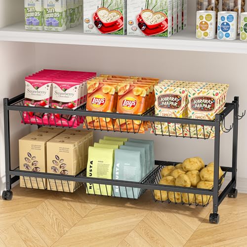 2-Tier Rolling Pantry Cart on Wheels with 6 Removable Baskets Sturdy Pantry Floor Organizer and Storage Kitchen Storage Cart for Fruit Vegetables Snack Organizer for Pantry Kitchen Living Room