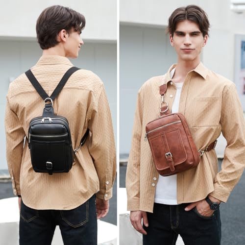 Sling Bag Crossbody Backpack - 2 in 1 Leather Cross Body Bag Fanny Pack with 2 Removable Straps2