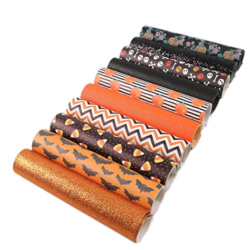 David Angie Fall Halloween Theme Faux Leather Sheet Glitter Printed Synthetic Leather Fabric Assorted 10 PCS 7.9