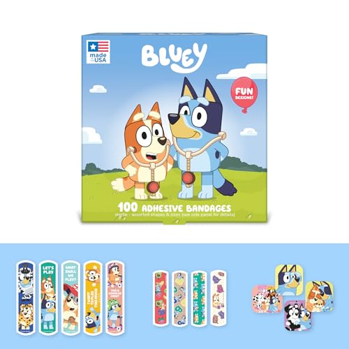 Dr. Bluey Kids Bandages 3 Assorted Sizes 100 CT | Wear Like Stickers Flexible Adhesive Bandages for Minor Cuts Scrapes and Burns. Great Gift idea for Kids