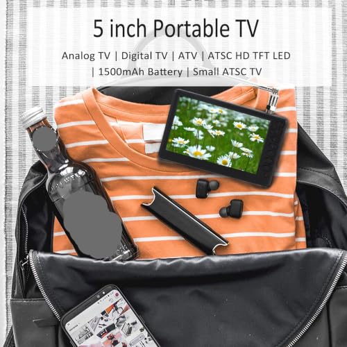 Image of Portable ATSC HD TFT LED Digital TV - 5 inch Mini TV with Remote Control, 1080P, Rechargeable Battery, USB & TF Card Support, for Car, Camping & Kitchen