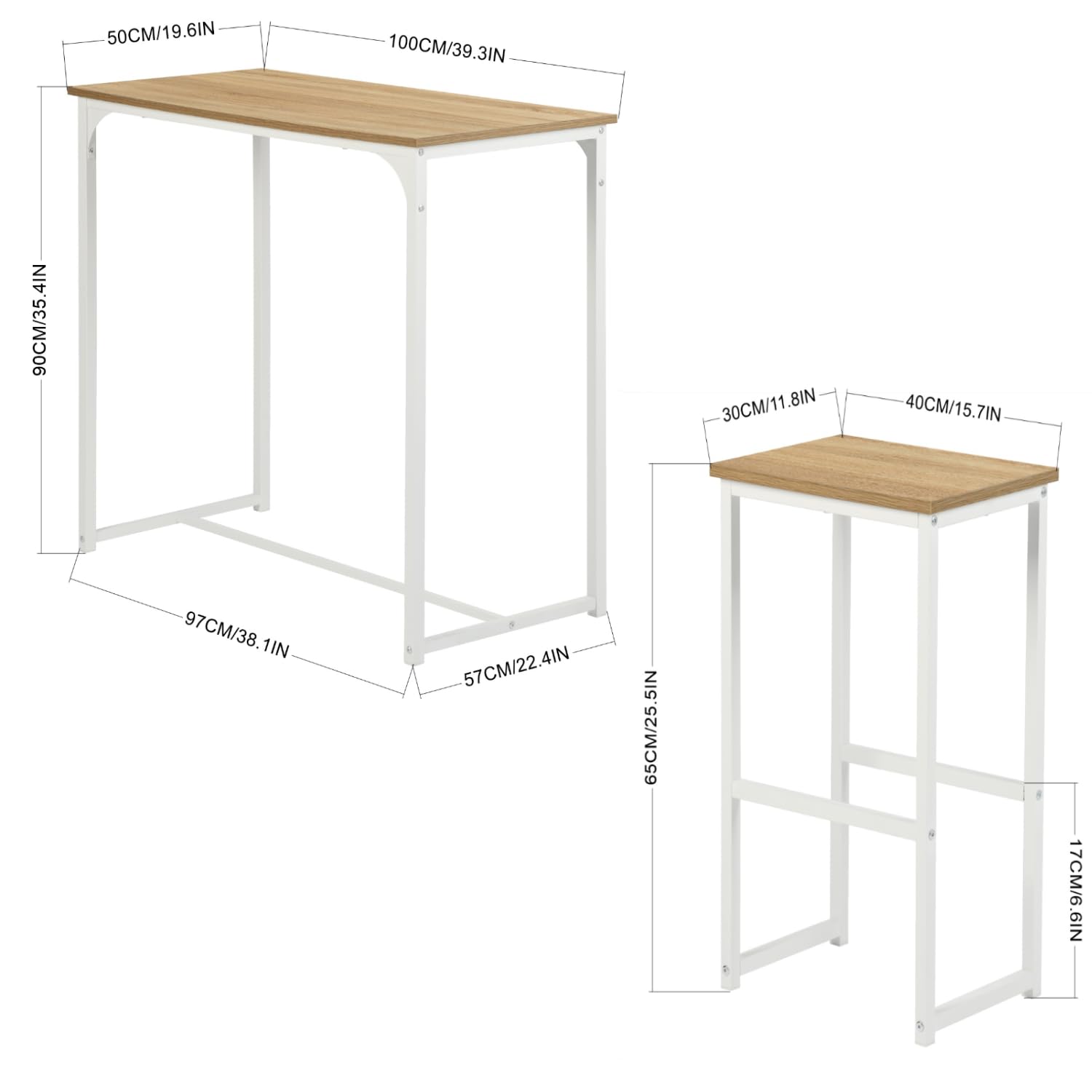 Mesa Alta Cocina con Taburetes, Conjunto Mesa y Sillas Comedor, Adecuada para Cocina, Comedor, Bar, Mesa de Bar 100 × 50 × 90 CM, 4 Taburetes 30 × 40 × 65 CM, Blanco