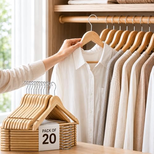 Image of Wooden Clothes Hangers Pack of 20 Wood Coat Hangers with 360 Chrome Swivel Hook, Smooth Finish, Heavy Duty Closet Hangers for Shirts, Suits, Dresses, Jackets & Wardrobe Organization (Light Brown)