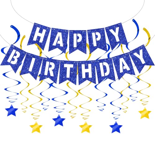 Image of BEISHIDA Blue Gold Happy Birthday Banner with Stars for Kids Women Men Birthday Decor
