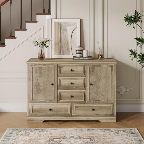 Garvee Farmhouse Sideboard Buffet Cabinet with 5 Drawers and 2 Doors, 47" Kitchen Storage Cabinet, Wood Coffee Bar Cabinet with Adjustable Shelves for Dining Room Living Room, Oak - image 8