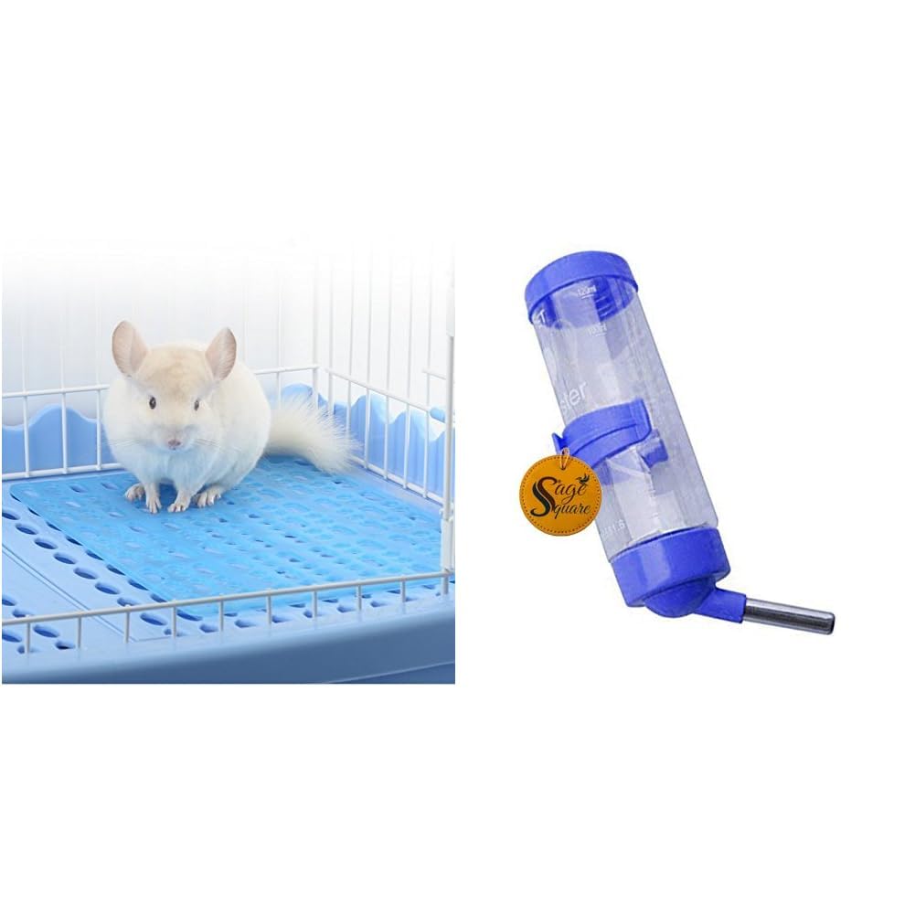 Sage Square Polyvinyl Chloride Cage Floor Mat for Rabbit Guinea Pig Cat Ferret 1pc and Leak Proof Cage Water Bottle Cum Feeder 125ml for Hamster Guinea Pig Rabbit Puppy Cat Small Pets, Blue