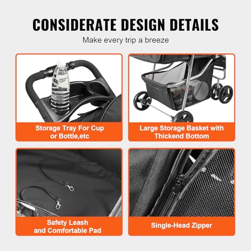 Image of VEVOR Pet Stroller for Dogs and Cats up to 35lbs, 3 Wheels Folding Dog Cat Stroller for Medium Small Dogs, Portable Lightweigh Puppy Doggy Doggie Jogging Stroller with Storage Basket and Cup Holder