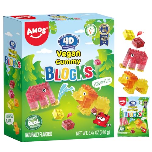Image of AMOS 4D Vegan Gummy Blocks Candy - Assorted Fruit Flavors, Made with Real Juice, Fun-to-Build Edible Blocks, Fat-Free, (8.47 oz Pack of 1)
