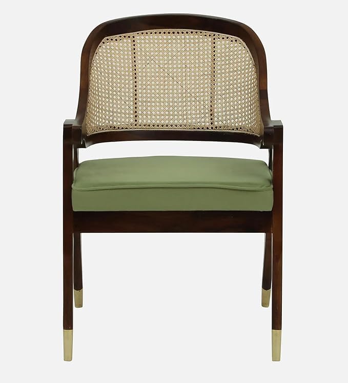 OGH | Wooden Rattan Arm Chair for Dining Living Room Walnut Finish Solid Wood Armchair for Living Room Bedroom and Hallway (Green)-image-19