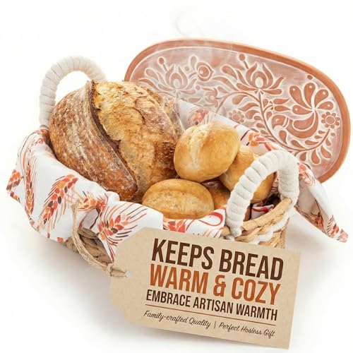 Vivi's Bread Warmer Basket with Stone | and Cotton Towel | for Sourdough Bakers | Premium Quality Water Hyacinth Bread Baskets for Serving | Artisan Terracotta Bun Warmer | Hosting Gifts