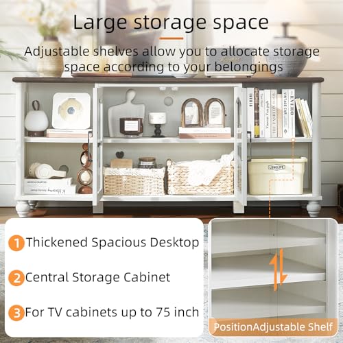 Image of RWYHG Farmhouse TV Stand for 60 in TV, Entertainment Center for Living Room | Adjustable Shelves, Magnetic Glass Door, Sturdy Gourd Base, Wood Grain Top, High Capacity Storage Cabinet, White