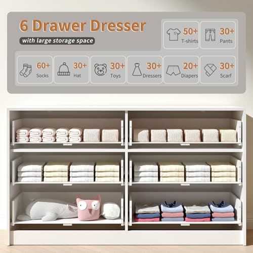 Image of White 6 Drawer Dresser Bedroom,55 inch Wide Large White Fluted Dresser with Gold Handles, Modern Chest of Drawer for Closet, Bedroom, Living Room