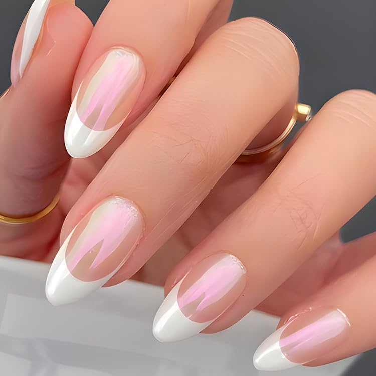 French Tips Press On Nails Almond Chrome Glossy Pearl Powder Full Cover Acrylic Nails with Mirror Glue Ons for Women - 24 Pcs
