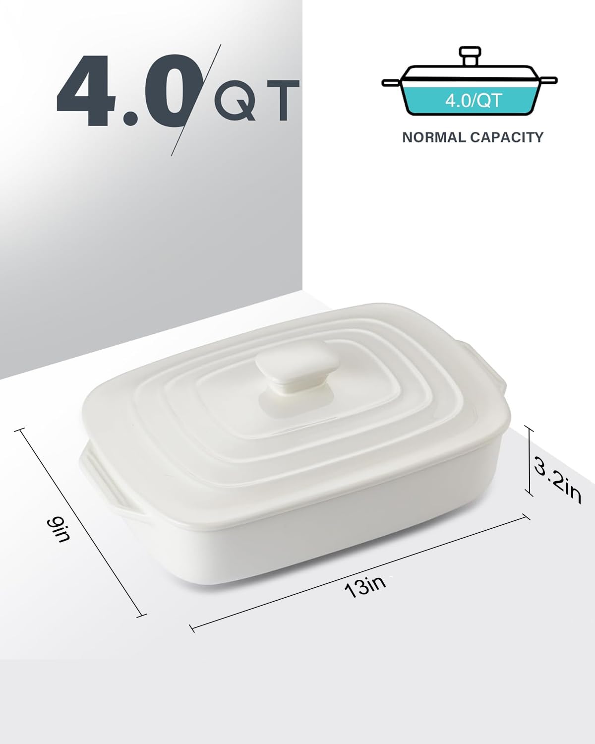Cacerola grande de cerámica con tapa, platos rectangulares cubiertos de gres de 4.0 cuartos de galón para horno, sartenes de lasaña profundas de 9 x 13 pulgadas para hornear y servir, perfecto para