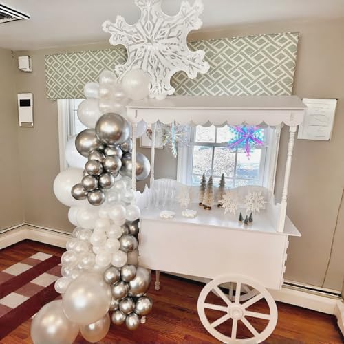 Image of Pearl White Winter Wonderland Balloons, 12 Inch Pearl Sand White and Metallic Silver Snowflakes Balloons for Ice Snow Wonderland Wedding Baby Shower Birthday Christmas New Year's Party Decorations