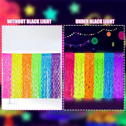 Image of 2 Pack Neon Tinsel Foil Fringe Table Skirts 108 x 29.5 Inch Glow in The Dark Party Table Decoration UV Reactive Fluorescent Wavy Tables Skirt for Glow Birthday Wedding Supplies Neon Party Decor
