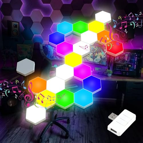 Image of Vcwtty Music Sync Hexagon Lights, Smart LED Wall Lights 10 Pack, 13 Colors Modular Assembled RGB Wall Panels, Hex Light with USB-Power for Autism, Game Room Decor, Party(10 Pack)