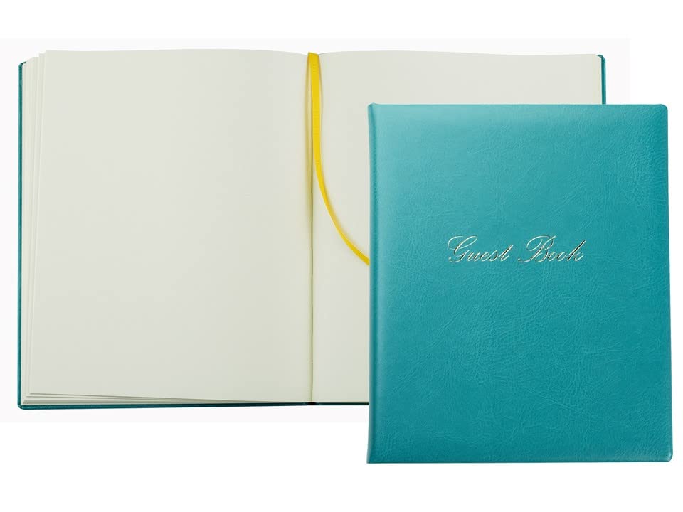 DELMON VARONE – Libro degli ospiti di alta qualità in ecopelle vegana turchese – Blanco libro degli ospiti con copertina rigida e nastro adesivo per matrimonio, battesimo, compleanno, nascita e