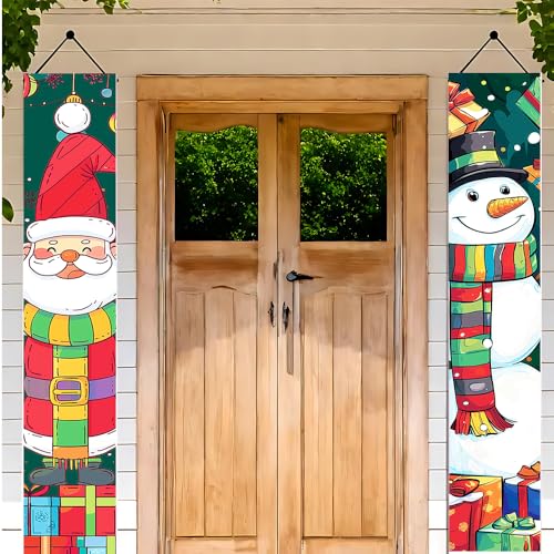 Image of Christmas Couplets Banner 71 x 12 Inches Santa and Snowman Cartoon Design with Gift Boxes and Ornaments Festive Vertical Door Hanging Decoration for Holiday Entryway Porch or Home Party Scene