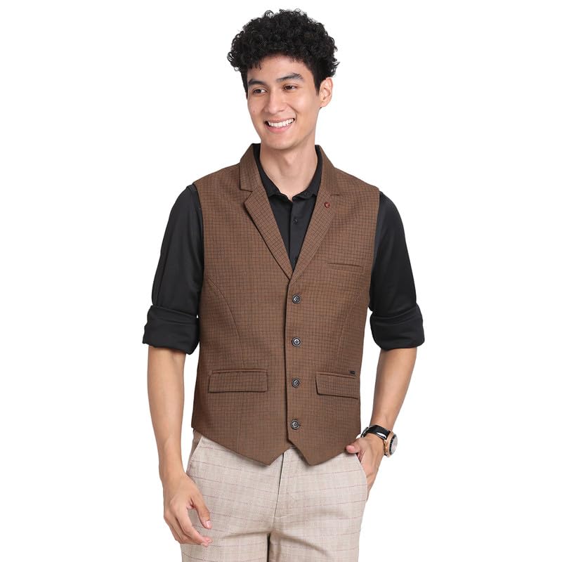 turtle Men Poly-viscose Brown Self Design Slim Fit Casual Waistcoat-picture-35