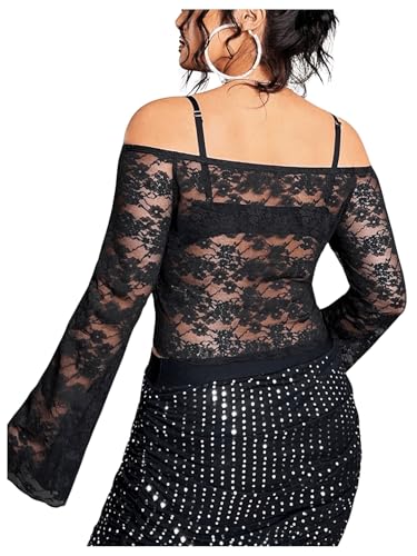 SHENHE Women's Plus Size Lace Tops Bell Sleeve Off The Shoulder Sexy Sheer Rave Crop Tops2