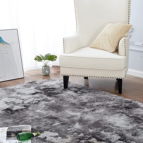 CHOSHOME Teppich Wohnzimmer Shaggy Hochflor Schwarz Langflor Kinderzimmer Modern Batik Jugendzimmer Flauschig Teppich Groß, Dunkelgrau/Schwarz 90x150CM - 5
