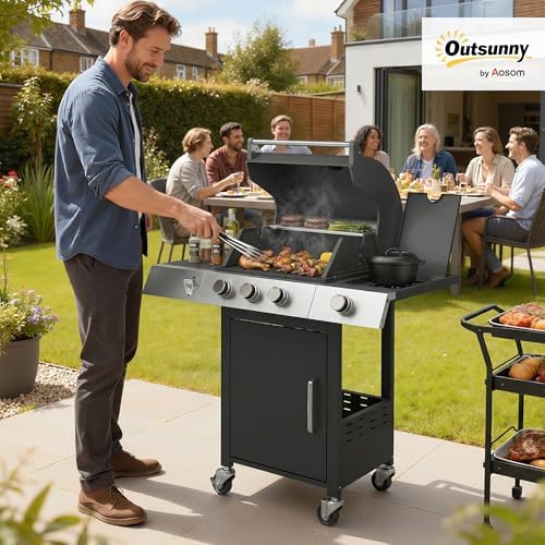 Outsunny 3 Burner Propane Gas Grill with Side Burner, 36,000 BTU BBQ Grill, Propane BBQ with Cast Iron Grates, Wheels, Warming Rack, Side Tables, Cabinet, Thermometer - 1