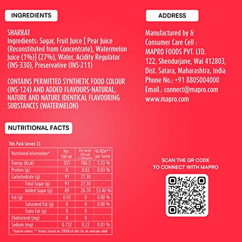 Image of Mapro Lounge Watermelon Cocktail Mixer Mocktail Fruit Syrup - 1L |Contains Real Fruit Juice| Gluten Free| Zero Cholestrol