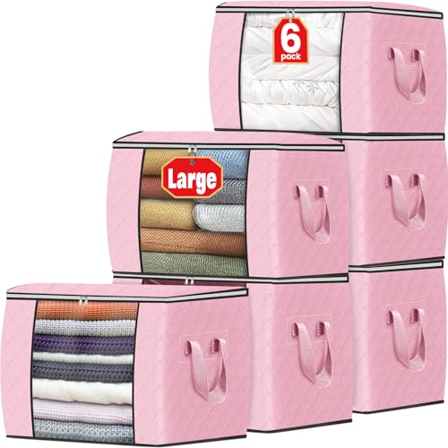 Image of Fab totes 24 Gallons Clothes Storage, Foldable Thick Fabric Blanket Storage Bags, Containers for Organizing Bedroom, Closet, Clothing, Comforter, Organization with Handle (6 Pack,Pink)