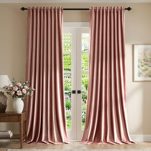 Image of Elegant Dusty Pink Velvet Curtains 90 inches for Living Room,Luxury 2 Panels Room Darkening Rod Pocket Back Tab Curtain Thermal Insulated Heavy Soundproof Noice Reducing Window Drapes for Bedroom