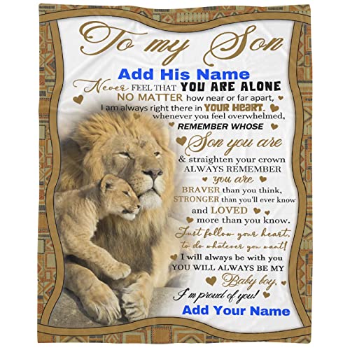 Personalized to My Son Blanket from Mom Dad 40x50 Inches Lightweight Flannel Throws Custom Name Gift for Boy Men Super Soft Comfy Lion Blankets Birthday Christmas Decor Couch Sofa