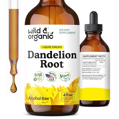 Wild & Organic Dandelion Root Extract Drops - Liver Cleanse Detox - Herbal Dandelion Tincture - Liver Support Supplement - Add to Tea - Vegan Sugar & Alcohol-Free Liquid Drops - 4 fl oz