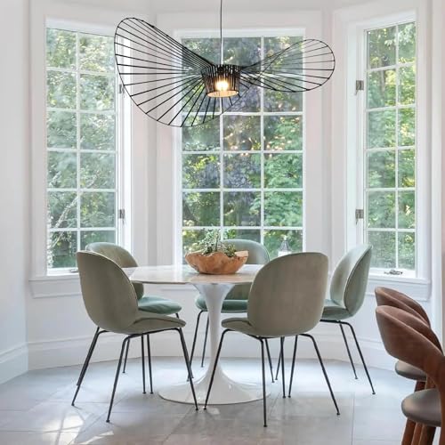 Image of Modern Black Woven Chandelier, 55.1 inch Farmhouse Coastal Hat Pendant Light Fixtures Matte Black Handwoven Shade Boho Pendant Hanging Lamp for Kitchen Dining Room Bedroom Foyer Hallway