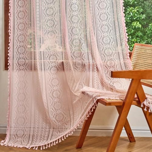 Image of MYSKY HOME Pink Sheer Lace Curtains 2 Panels 96 inch Length for Girls Room Nursery Boho Vintage Floral Crochet Pattern Privacy Rod Pocket Tassels Small Windows Curtains, Wide 55 inch, 2 PCs