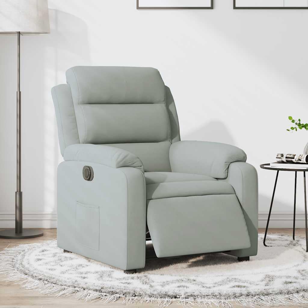 Fotel relaksacyjny, elektryczny, jasnoszary, aksamit z regulowanym oparciem i podnóżkiem, ergonomiczne krzesło tapicerowane z drewnianą i metalową ramą, idealny do salonu, kącik do czytania