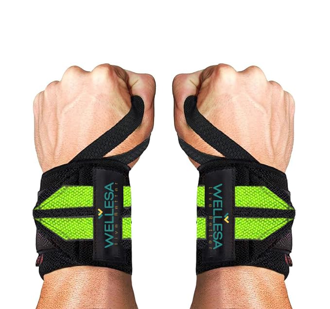Image of Wellesa Wrist Support for Gym Workout | Wrist Band for Pain Relief & Weight Lifting | Wrist Wrap for Men & Women | Wrist Brace | Gym Accessories | One Size (Green 2 Line)