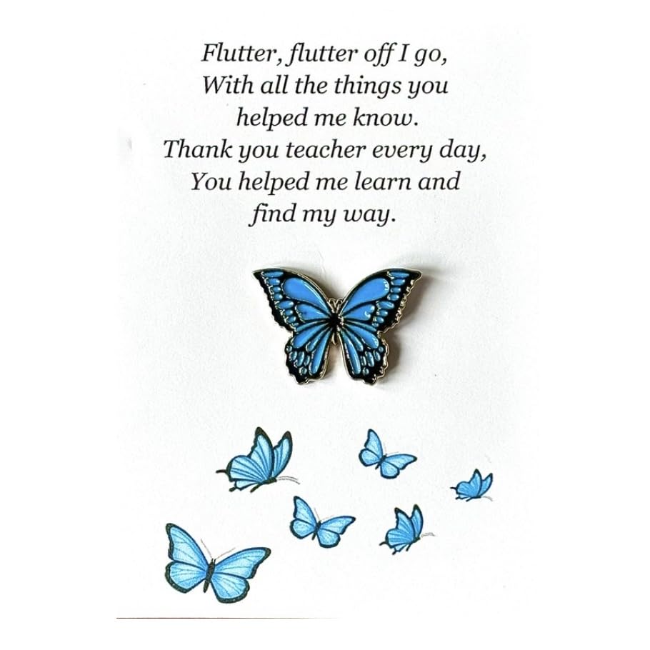 Teacher Appreciation Butterfly Pin with Thank You Poem, Decorative Enamel Badge, Red, Orange, Yellow and Blue (Blue)